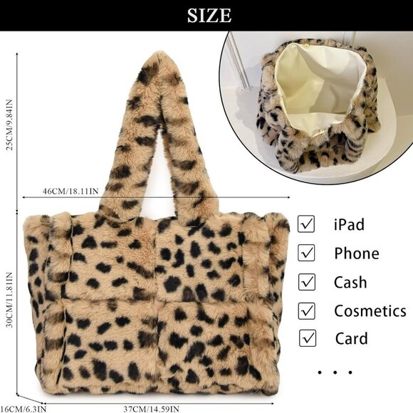 Faux Fur Purse Women Fuzzy Shoulder Handbag Large Capacity Cold Season - Picture 4 of 7